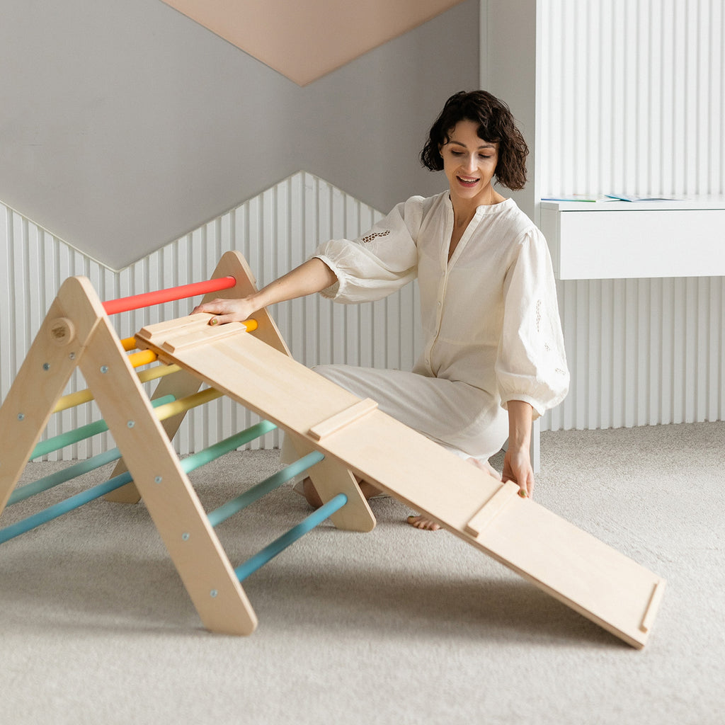 Ponte Arrampicata Per Bambini In Legno | Triangolo Montessori Con Scivolo E Lavagna