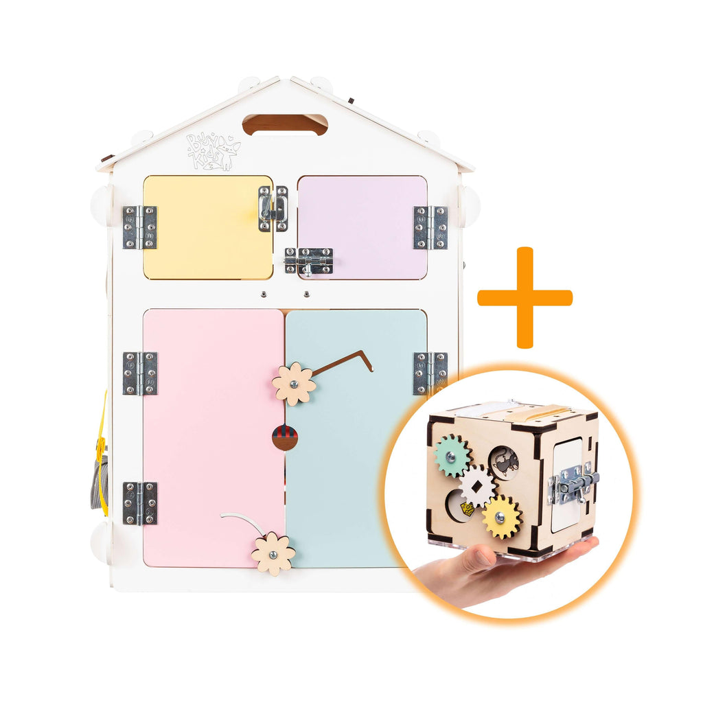 Ensemble - maisonnette blanche/pastel et cube interactif - Busy-kids.fr